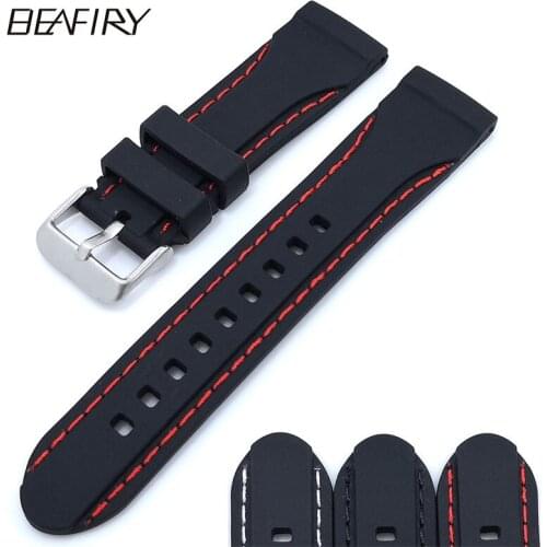 BEAFIRY 2019 New Black Soft Silicone Watch Band Strap 20mm 22mm 24mm Waterproof Watchband