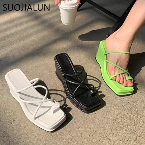 SUOJIALUN 2021 New Summer Women Slipper Summer Outdoor Narrow Band Sandal Shoes Ladies High Wedges Heel Slides Flip Flop Mujer