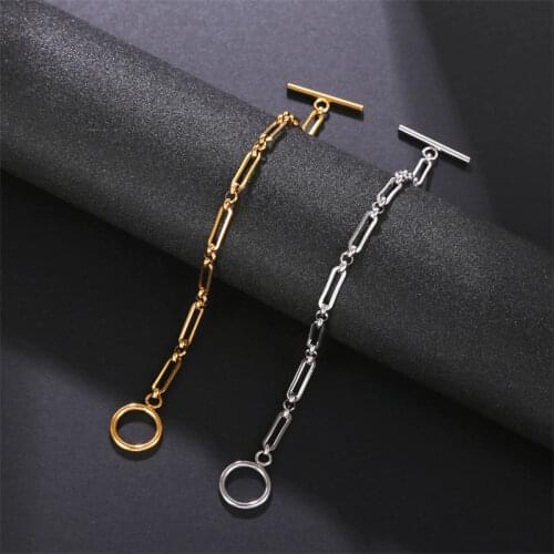 Fashion simple womens metal U-shaped bracelet hollow paperclip chain link gold-plated stainless steel bracelet for men