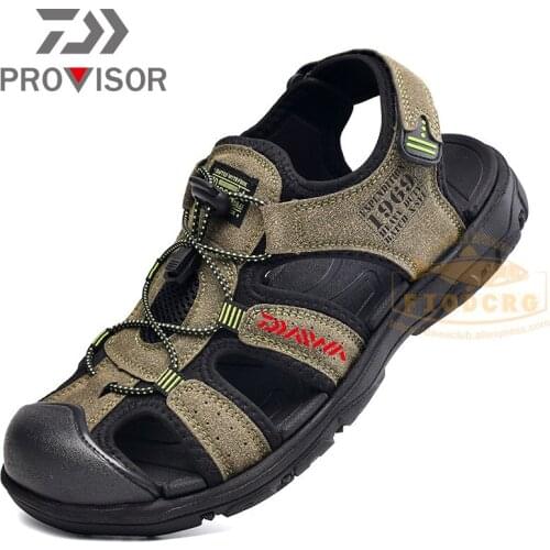 New Dawa Fishing Summer Men Sandals Cowhide Baotou Beach Shoes Soft Bottom Non-slip Outdoor Leisure Wading Shoes Mens Hollow