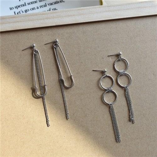 Simple Metal Pin Double Circle Long Chain Tassel Pendant Earrings For Women