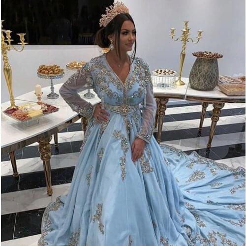 Luxury Blue Moroccan Caftan Evening Dresses V Neck Long Sleeves Crystal Evening Dresses Dubai Saudi Arabia Prom Gowns