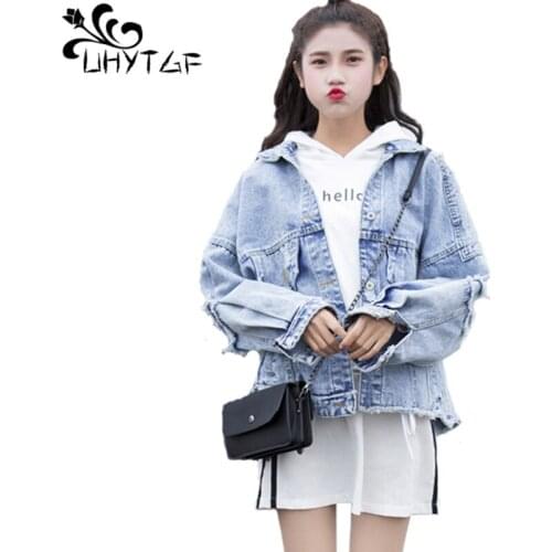 UHYTGF Women Spring Autumn Jeans Jackets Hole Bat Sleeve Elegant Student Short Outerwear Loose Plus Size Denim Coats Ladies 753