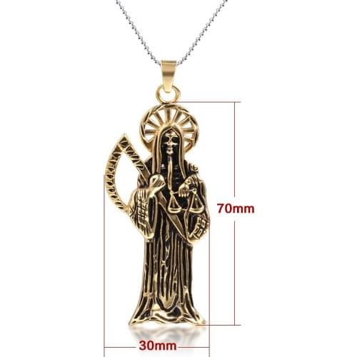 Hip Hop Vintage Holy Saint Death Santa Muerte Skull Biker Pendant Gold Necklace Stainless Steel Man Women Religious Jewelry