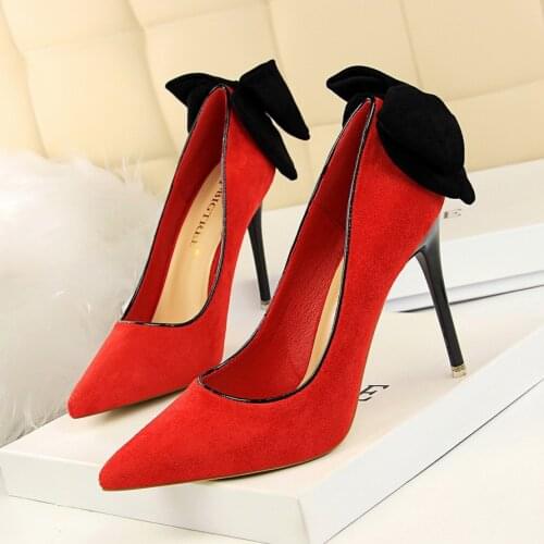 2018 Women Shoes Pointed Toe Pumps Suede Rear Bow tie Dress Shoes 10.5CM High Heels Wedding Shoes