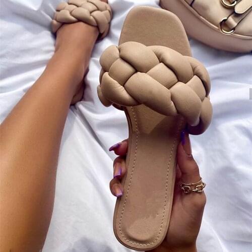 2021 Women Weave Slippers Woman Square Toe Casual Flats Ladies Solid Comfortable Slides Female Summer Beach Shoes Plus Size