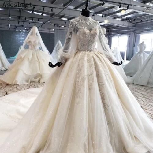 Champagne High Collar Ball Gown Wedding Dress 2021 Shiny Beads Top Luxury Style Long Sleeve Wedding Gown 200CM Train Lace Up