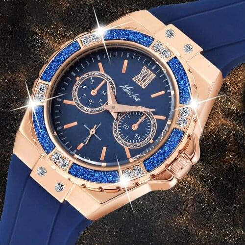 Womens Watches Chronograph Rose Gold Sport Watch Ladies Diamond Blue Rubber Band Analog Female Quartz Wristwatch