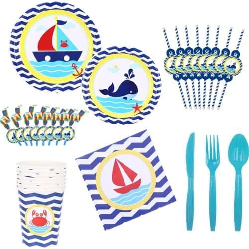 Nautical Theme Party Steamship Shark Paper Plate Cup Napkin Banner Baby Shower Kids Birthday Party Decoration Tableware Supplies