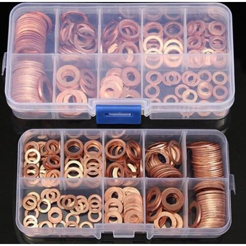 200Pcs M8/M10/M12/M14 Copper Washer Gasket Nut Bolt Set Flat Ring Seal Assortment Kit with Box for Sump Plugs