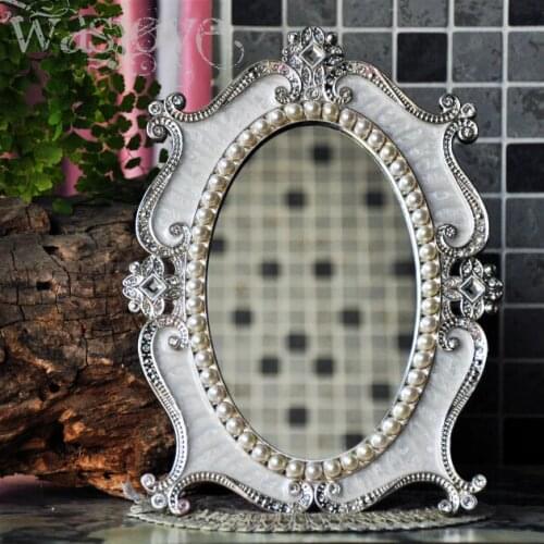Desktop makeup cosmetic mirror floral embossed jewelry pearl-inlayed metal frame table decoration mirror makeup white J2194B
