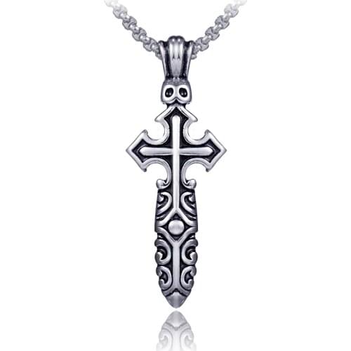 Punk vintage stainless steel cross sword pendant necklace men Box chain 2020 gothic jewelry statement hip hop collier homme
