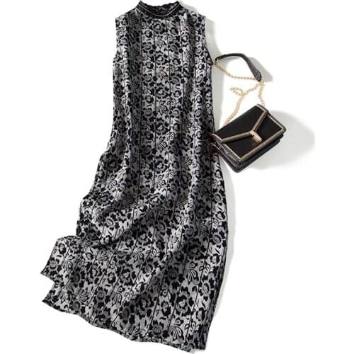 Mayabee Sleeveless Lace Printed Mulberry Silk Dress 2021 Spring And Summer New Temperament Slim Sexy Mid-Length Skirt