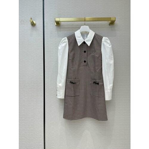 Houndstonch Luxury Mini Brand Dresses Women 2021 Spring New Lapel Puff Sleeve 2 Pieces Set High Waist Wool and Cotton Slim Dress