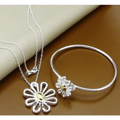 Christmas Gift 925 Sterling Silver Fashion Sunflower Flower Pendant Necklace Bangles Jewelry Sets For Women