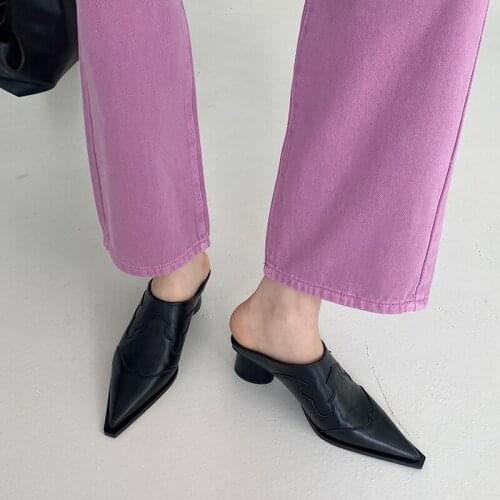 Pointed Toe Fashion Women Slippers Round Mid Heels Black/White Slides Pointed Toe Elegant Party Pumps Summer Dress Shoes Woman