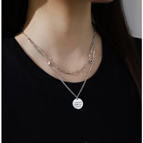 S925 Sterling Silver Thai Silver Vintage Necklace with Letter round Brand Sweater Chain Double Layer Zircon Stars Jewelry