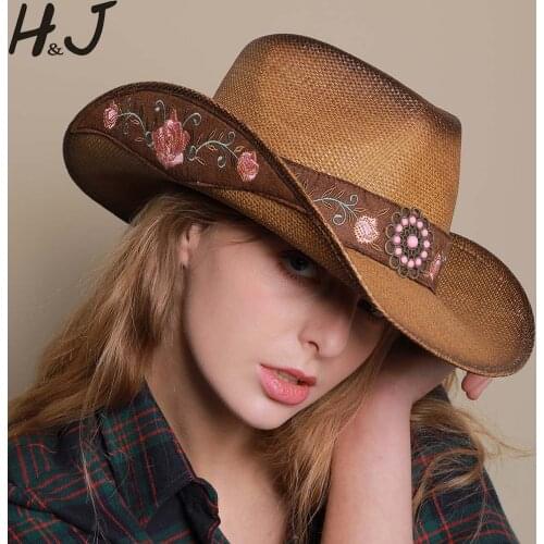 Women Western Cowboy Hat For Summer Elegant Lady Cowgirl Sombrero Hombre Caps With HandWork Embroidery Hats Size 57-58CM
