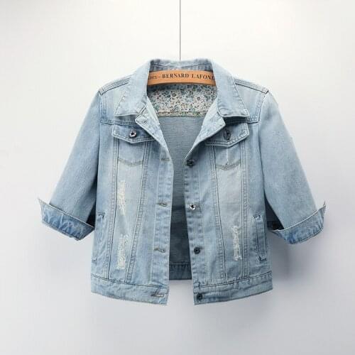 4XL 5XL Vintage Women 2020 spring Autum Denim Jackets ripped holes Jeans Coat Outwear plus size 3/4 sleeve Slim Jacket JC171