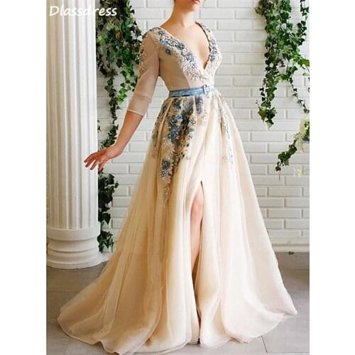 Champagne Prom Dresses 2020 Three Quarter Sleeves Deep V-neck Beading Flower A-line Split Evening Dress коктейльные платья