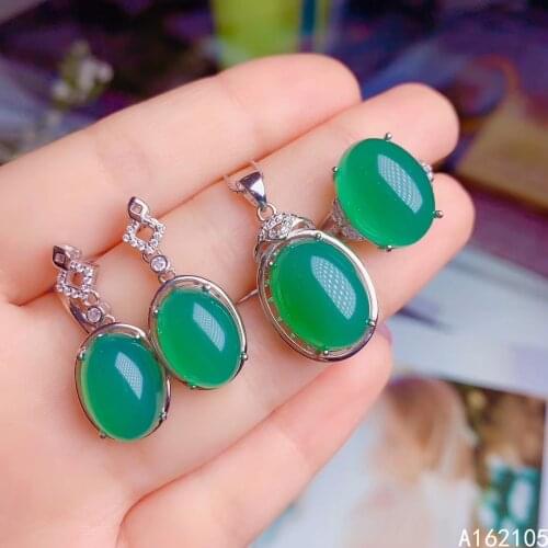 Fine jewelry 925 pure silver Chinese style natural green Chalcedony womens vintage luxury oval gem pendant ring earring suit su