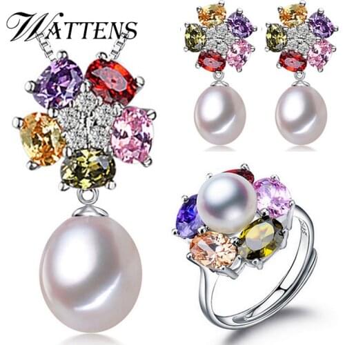 Jewelry sets,Natural freshwater pearl jewelry gifts accessories for women,pearl silver pendant necklace stud earrings ring sets