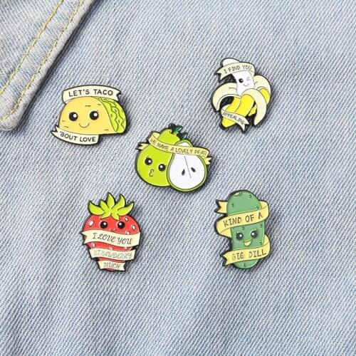 Funny Hilarious Fruit Enamel Pin Food Pun Jokes Brooches for Women Pear Dill Taco Badge Backpack Metal Jewelry Gifts Wholesale