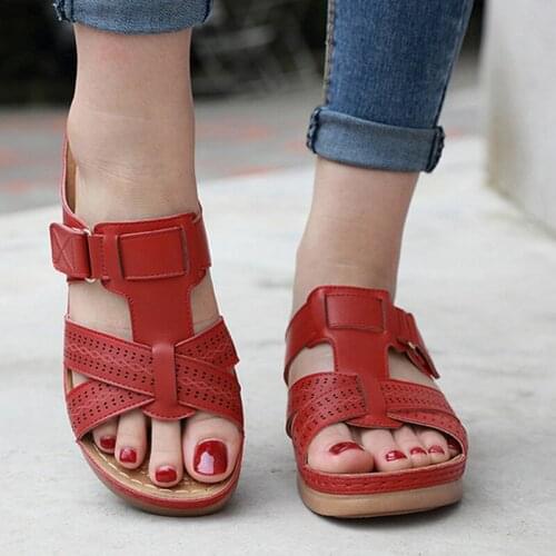 Women Open Toe Orthopedic Sandals Vintage Anti-slip Breathable Leather Casual Platform Retro Shoes 2021