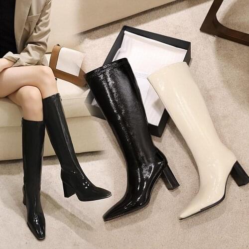 Women Knee High Boots Thick Heel Zipper Square head Women autumn Long Boots Fashion black beige Cool Party Winter Boots 34-43