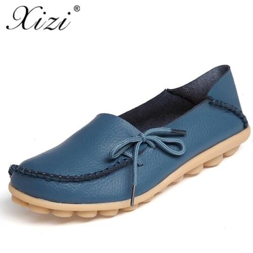 XIZI Women Genuine Leather Shoes ladies Spring Fashion Sweet Lace-up Casual Flat Shoes Women Peas Outdoor Shoes Plus Size 35-44