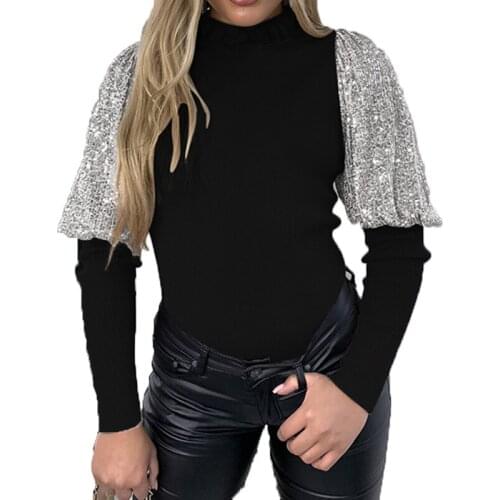 Women Sequin Puff Sleeve Top T-shirt Fashion Women Clothing Casual High Neck Long Sleeve Tee Shirt Spring Autumn Buttoming Shirt