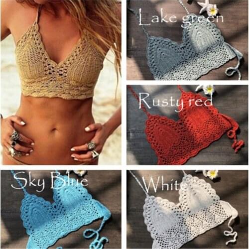 Fashion Women Bralette Halter Neck Crop Top Knit Crochet Cami Summer Bikini Beach Crop Tops