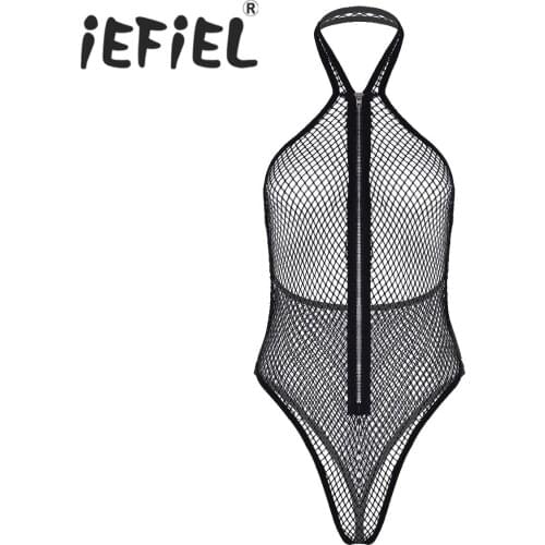 Fashion Women Lingerie See Through Fishnet Mesh Halter Neck Zip Up Thong Bodysuit Nightwear Erotic Teddies Bodysuit Underwear