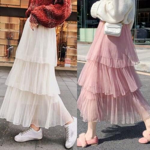 Women Solid Color High Waist Pleated Elastic Tiered Layered A Line Midi Dress womens skirts woman skirts skirts womens faldas