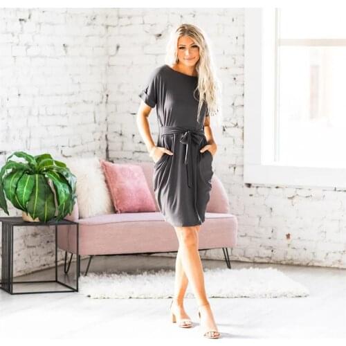 Fashion Bandage Dresses For Women 2021 Vintage O-Neck Short Sleeve Summer Dress With Pockets Mid-Length Vestidos Mujer Casual