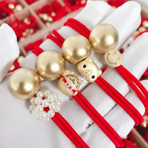 100pcs/lot DIY Simple Multi Good Luck Red Line Hair Band Cartoon Balls Pearl Rubber Band Hair Styling Tools Accessories HA1359