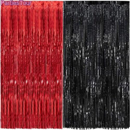 2pcs Casino Party Tinsel Foil Fringe Curtains Red Black Curtains Poker theme Viva Las Vegas Game Night Birthday Photo Backdrops