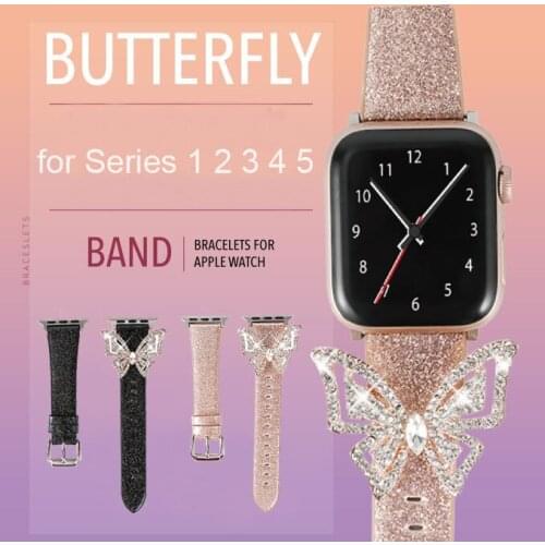 Shine Butterfly Bracelet For Apple Watch Band 38 40 42 44mm Series 1 2 3 4 5 Diamond Wristband iWatch Glitter Leather Strap Belt