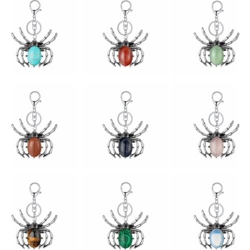 Spider Keychain in Gift Box Women Men Natural Stone Crystal Pendant Key Chain Healing Balance Chakra Spider Brooch Pins Charms