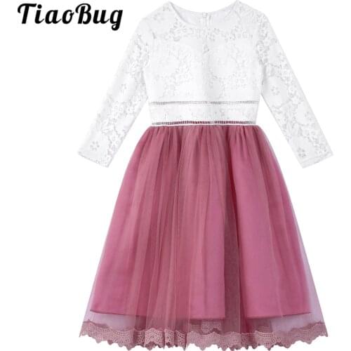 Girls Elegant Dance Dress Long Sleeve Lace Patchwork Tutu Ballet Performance Dance Costume