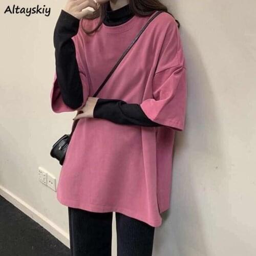 T-shirts Women Ins Patchwork Design Fashion Simple Loose Fall Spring All-match Teens Streetwear College Harajuku Ladies Tops New