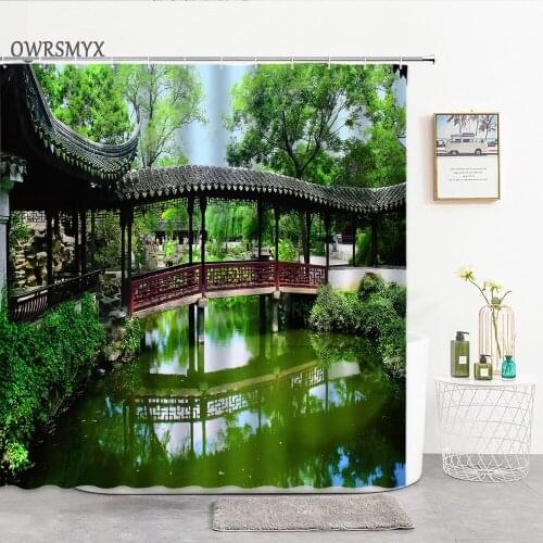 Classical Garden Scenery Shower Curtains Corridor Green Trees Pond Landscape Bath Curtain Home Decor Art Wall Bathroom Products