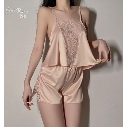 Lace Pajamas Sets Women Satin Strap Top&Shorts Sleep Suit Nightwear V-Neck Camisole Summer Home Wear Thin Lingerie Sleepwear