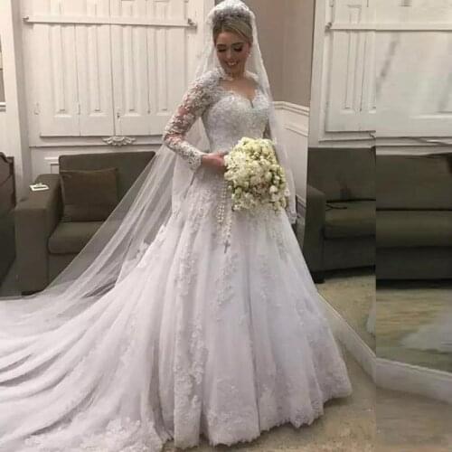 Long Sleeves Lace Wedding Dresses Appliues Beads Sequins High Neck court Train A Line Wedding dres Bridal Gowns
