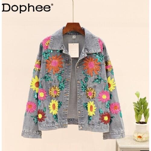 Heavy Embroidery Sequins Flower Denim Jacket Coats Womens Loose Slimming Oversized Jean Jacket 2021 New Spring Autumn Clothing