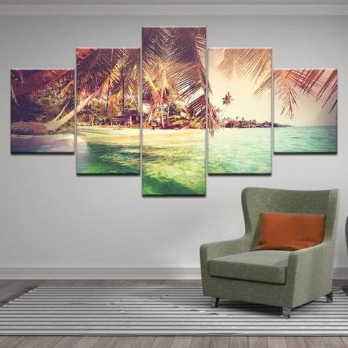 Sea seaside Beach coconut tree Landscape Painting 5 Pieces HD Prints ocean Picture Wall Art Canvas Living room Home Decor poster