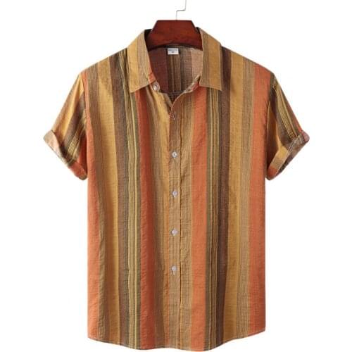 Men Shirt Striped Print Shirt Turn-down Collar Breathable Short Sleeve Casual Shirt Buttons Closure Casual Shirt Beachwear