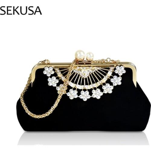Soft Velvet Vintage Style Women Day Clutch Black Color High Quality Flower Metal Diamonds Party Handbags Purse
