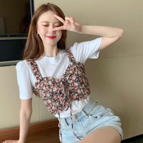 2021 New Summer Korean Style White Simple Short-Sleeved T-shirt Sweet Floral Small Sling Two-Piece Set Top Women