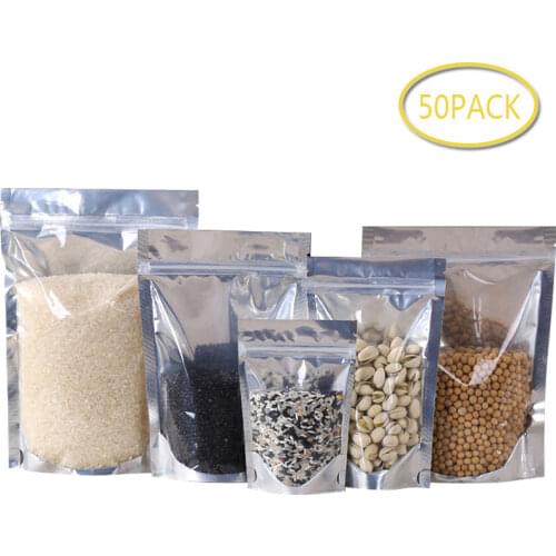 50Pcs Clear Aluminum Foil Zip Lock Bag Ziplock Foil Bags Stand Up Silvery Metallic Plastic Packaging Pouch for Food Tea Candy